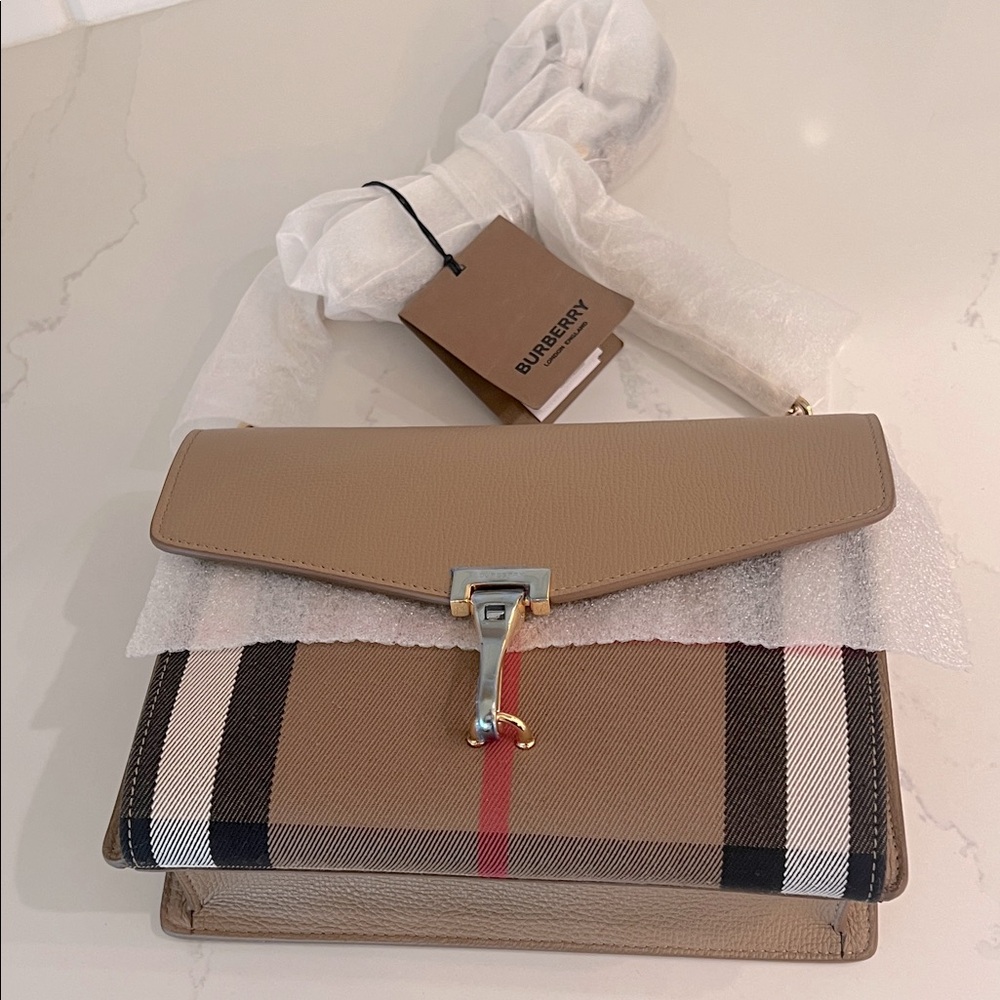 NWT Burberry Macken Leather and House Check Crossbody Bag Small Camel | Tan - Picture 12 of 16